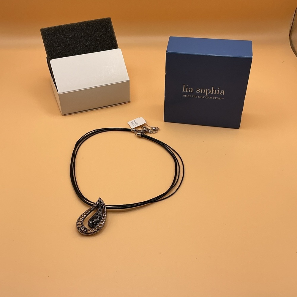 Lia Sophia Black Multi-Strand Cord Necklace Teardrop Pendant Fashion Jewelry